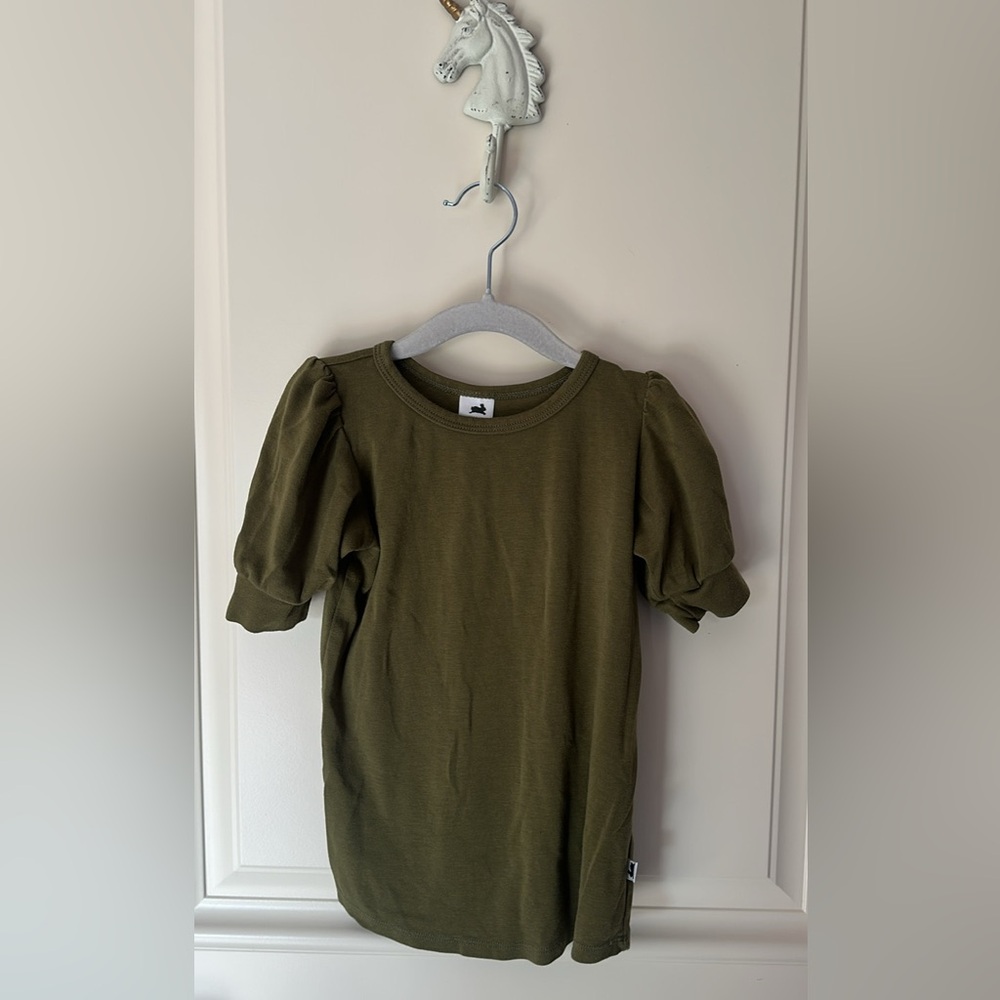 Girls Little & Lively Olive Green Short Sleeve Tee with Puff Sleeves